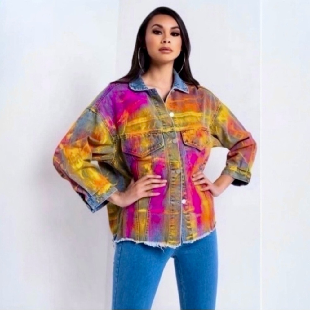 Beulah Splattered Paint Pollock Painted Oversized Distressed Denim Jean Jacket - Picture 6 of 16
